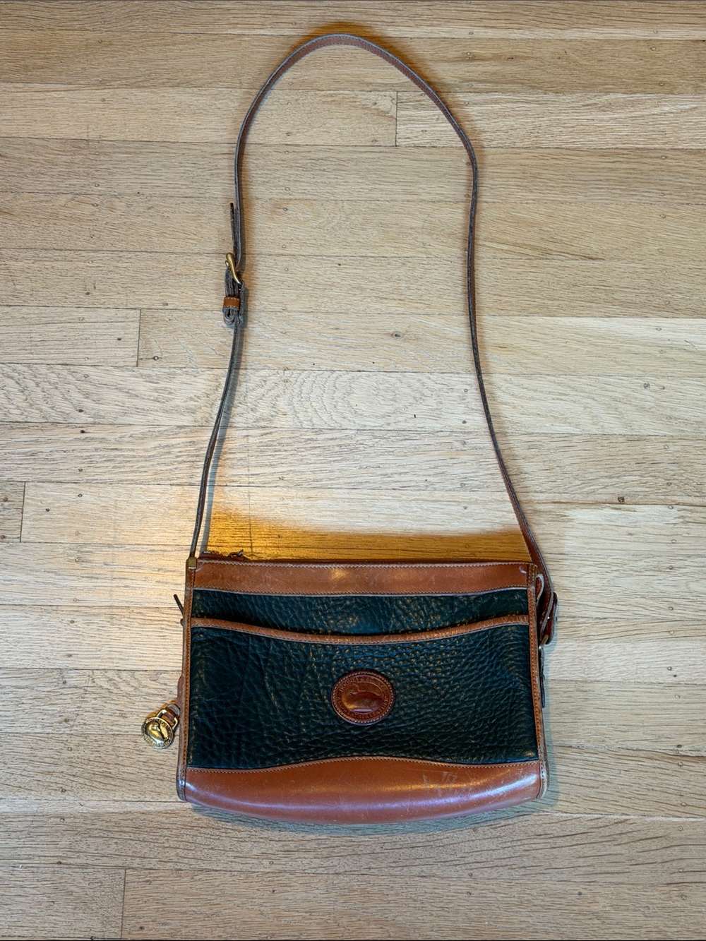 Dooney & Bourke Green Pebbled Leather Crossbody with Brown Trim and Strap